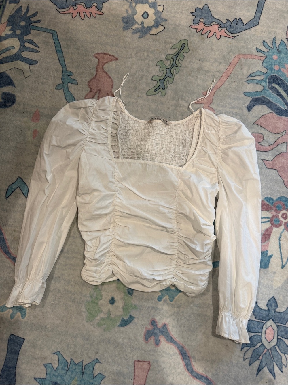 Zara White Ruched Square-Neck Long Sleeve Top